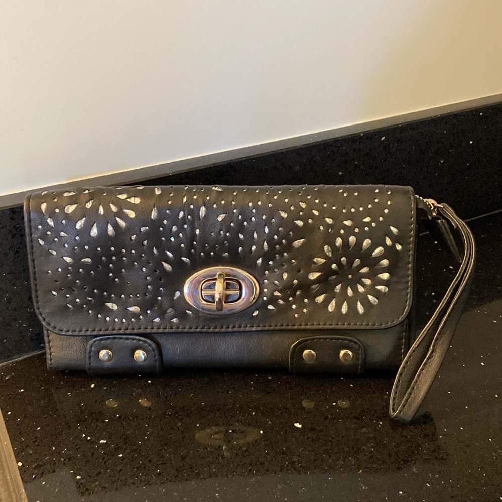 Black Pierced Leather Wallet Clutch with Silver Underlay & Hardware